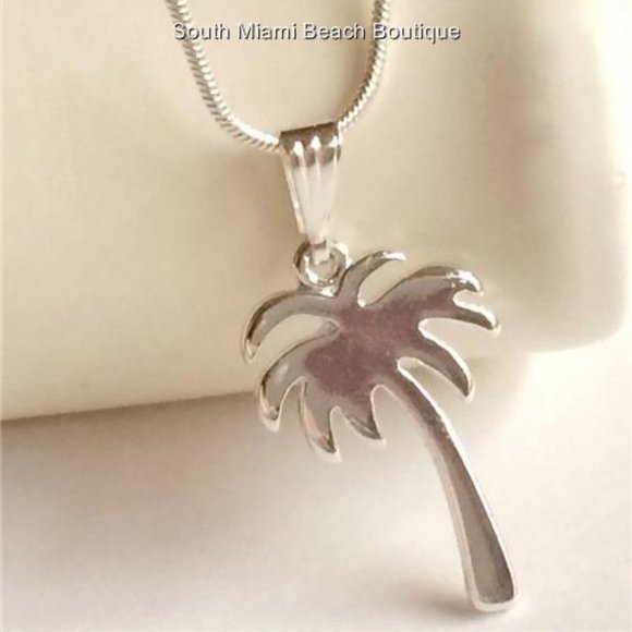 Palm Tree Necklace 18" Silver Plated Pendant Beach Coconut Tropical Island - Picture 7 of 10